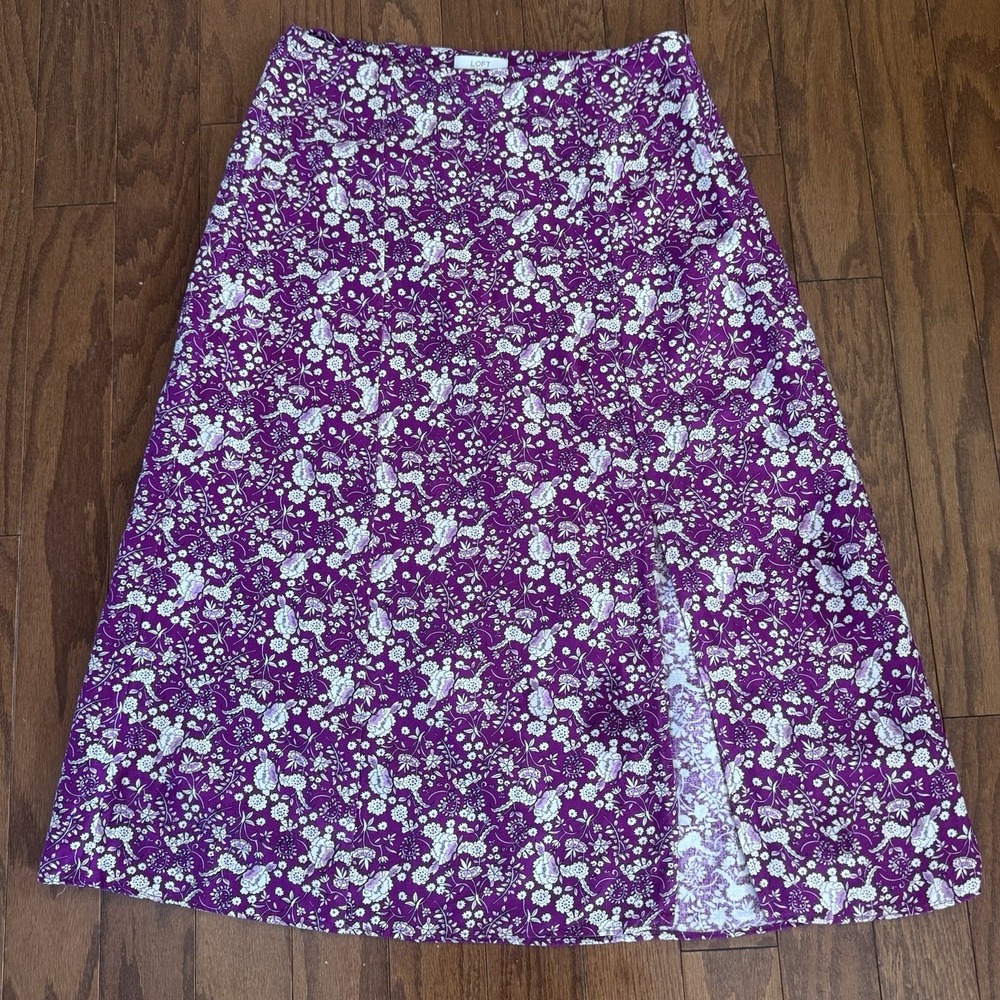 LOFT Linen Blend Floral A-Line Skirt Sz 4 Purple Cottagecore Midi Lightweight